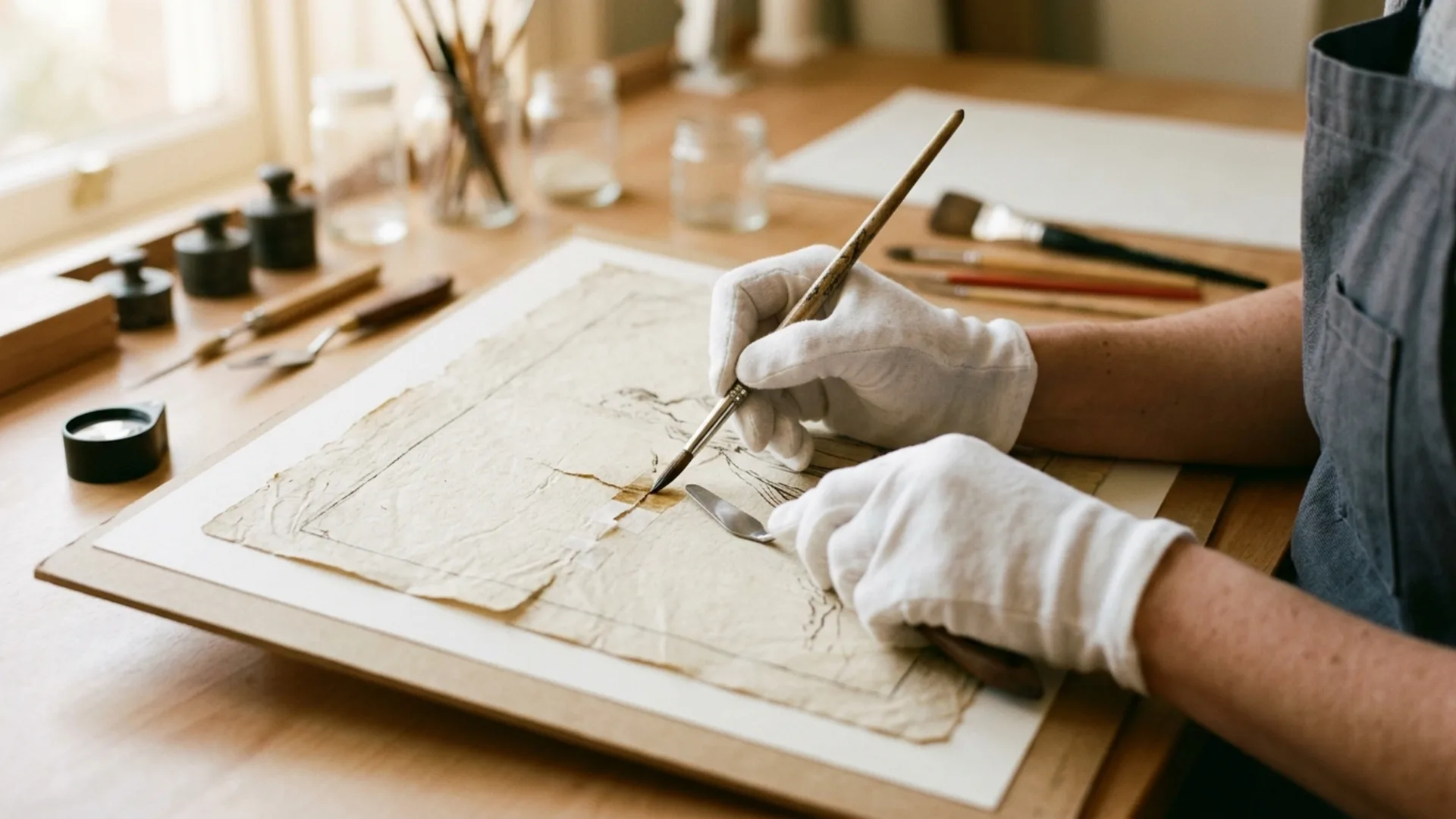 Geste de préservation délicate d'une œuvre sur papier